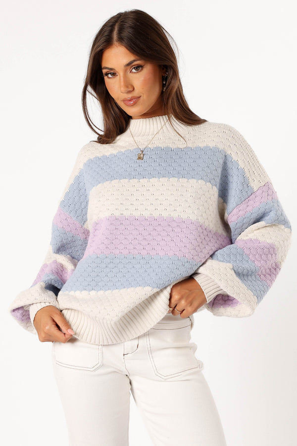 Petal and Pup USA KNITWEAR Dani Multi Stripe Knit Sweater - White Light Blue