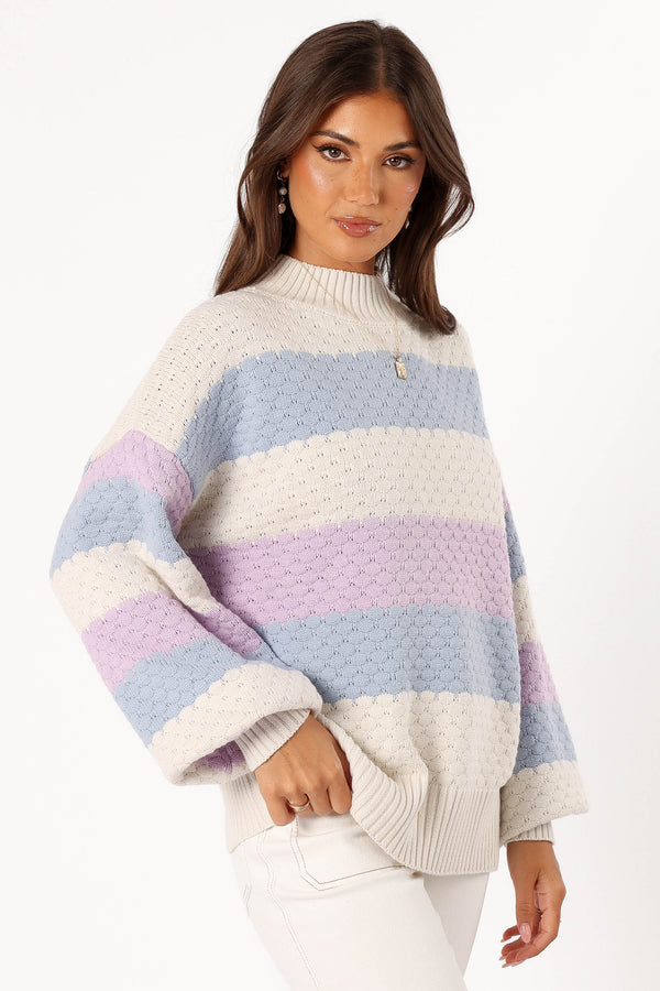 Petal and Pup USA KNITWEAR Dani Multi Stripe Knit Sweater - White Light Blue