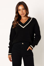 Petal and Pup USA KNITWEAR Dominique Contrast Vneck Knit Sweater - Black/Cream