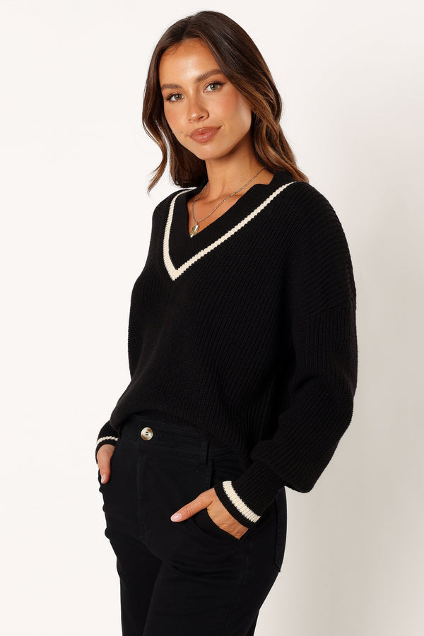 Petal and Pup USA KNITWEAR Dominique Contrast Vneck Knit Sweater - Black/Cream