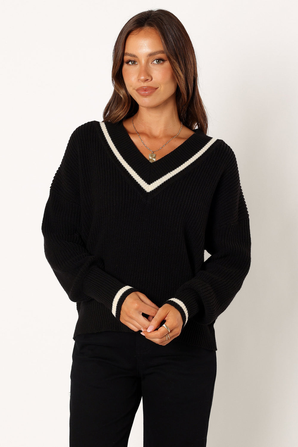 Petal and Pup USA KNITWEAR Dominique Contrast Vneck Knit Sweater - Black/Cream