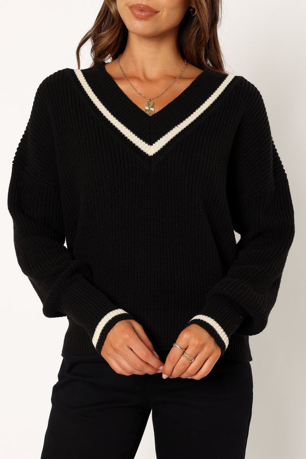 Petal and Pup USA KNITWEAR Dominique Contrast Vneck Knit Sweater - Black/Cream