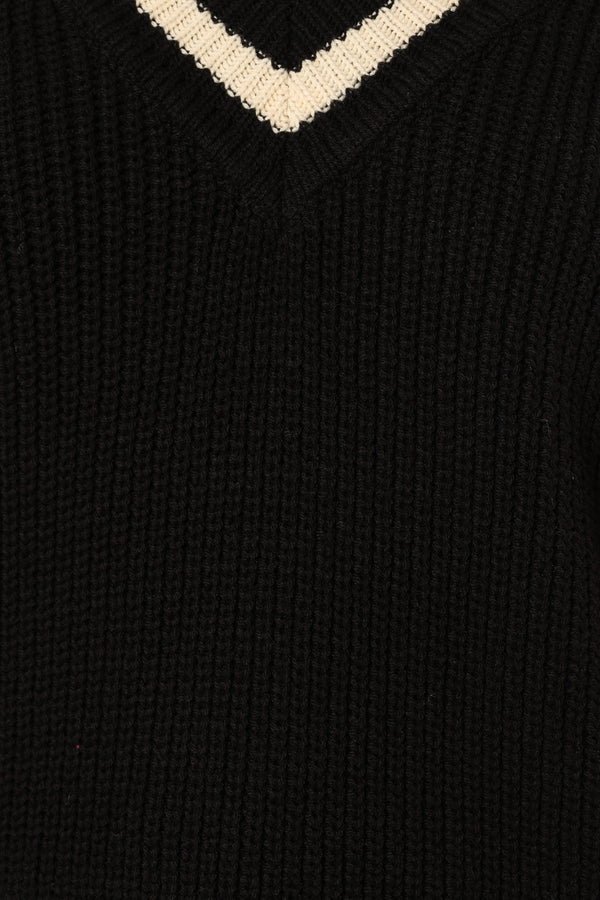 Petal and Pup USA KNITWEAR Dominique Contrast Vneck Knit Sweater - Black/Cream