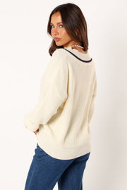 Petal and Pup USA KNITWEAR Dominique Contrast Vneck Knit Sweater - Ivory/Navy