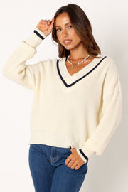 Petal and Pup USA KNITWEAR Dominique Contrast Vneck Knit Sweater - Ivory/Navy
