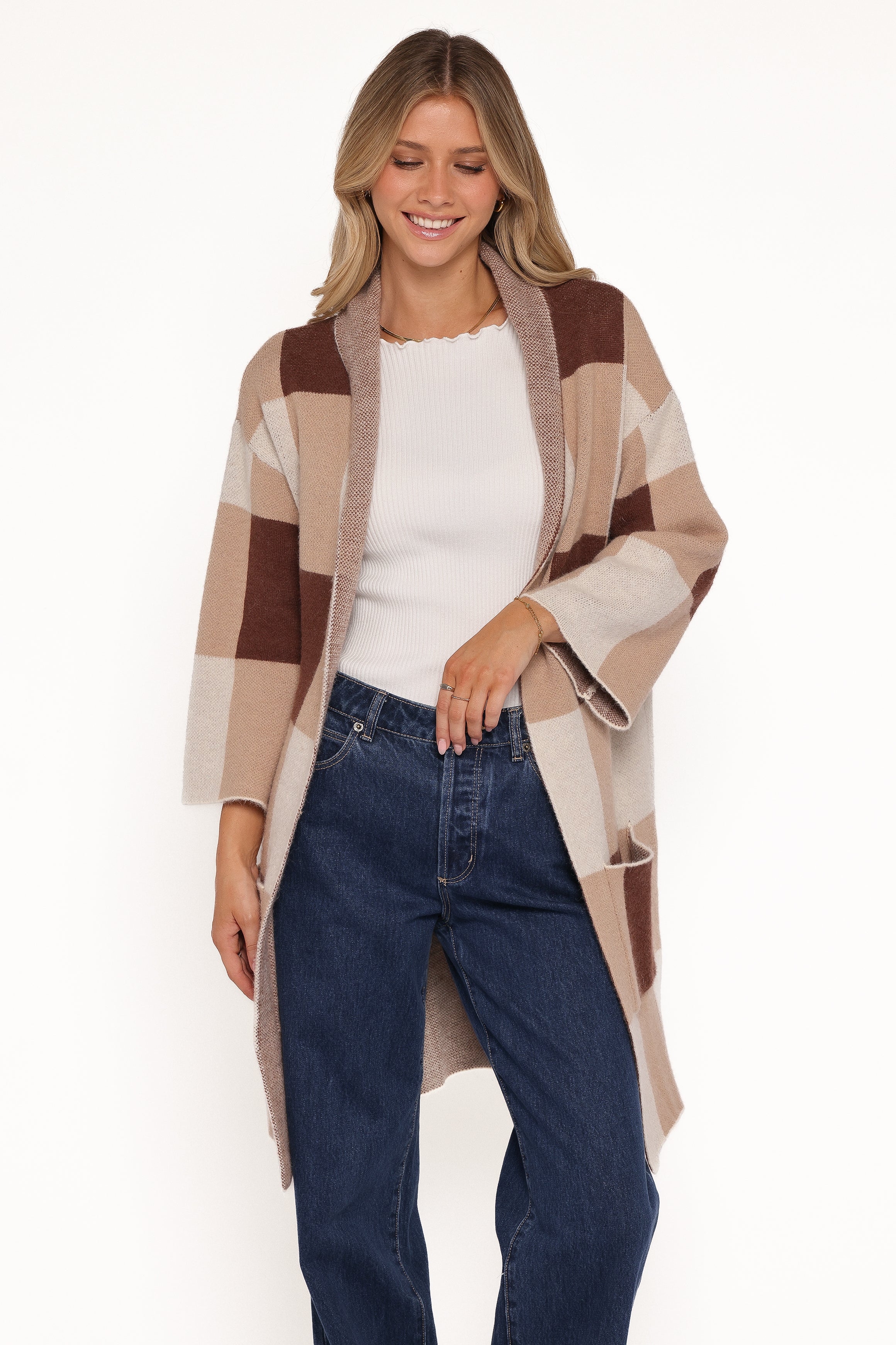 Petal and Pup USA KNITWEAR Ecoya Long Cardigan - Brown Plaid