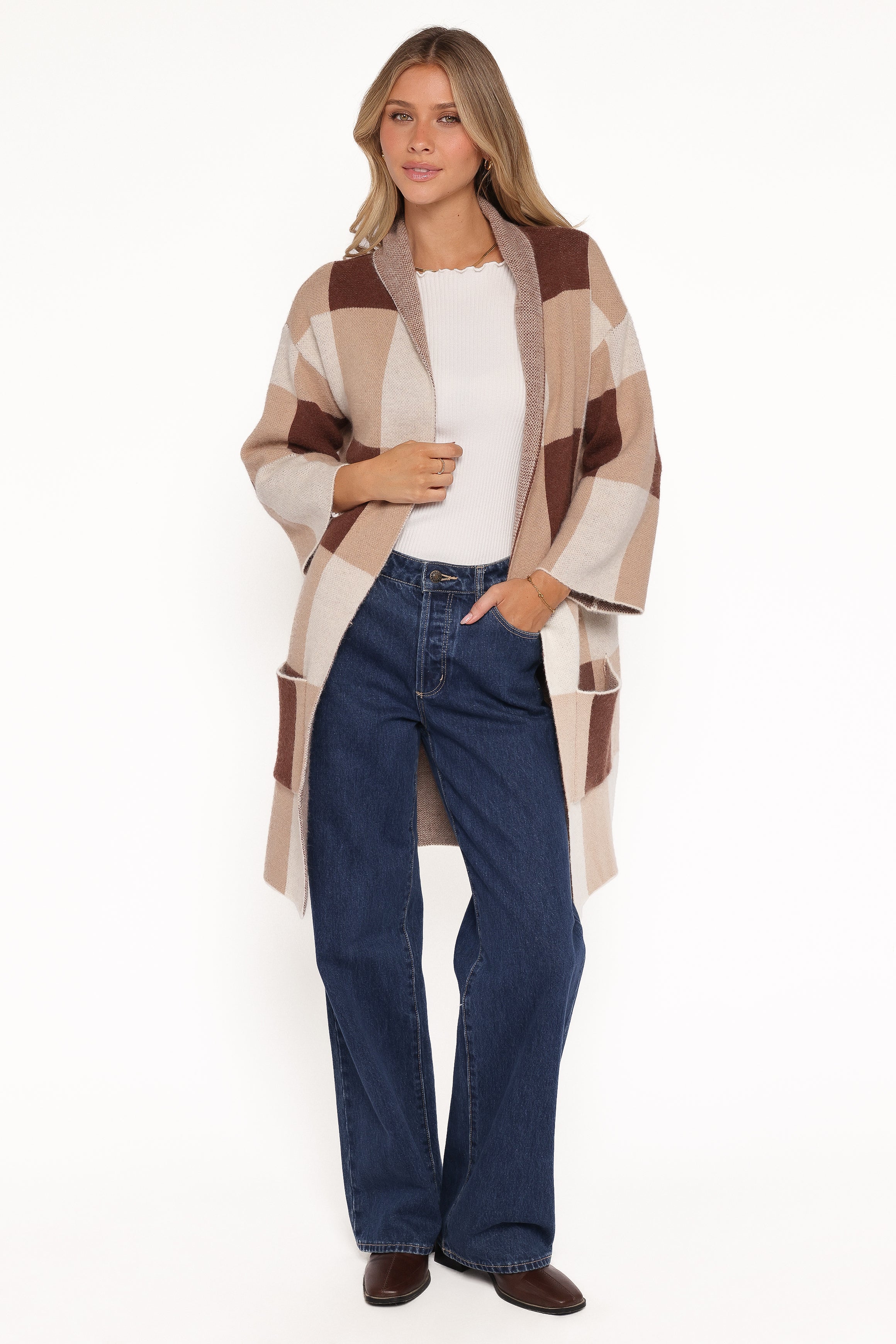 Petal and Pup USA KNITWEAR Ecoya Long Cardigan - Brown Plaid