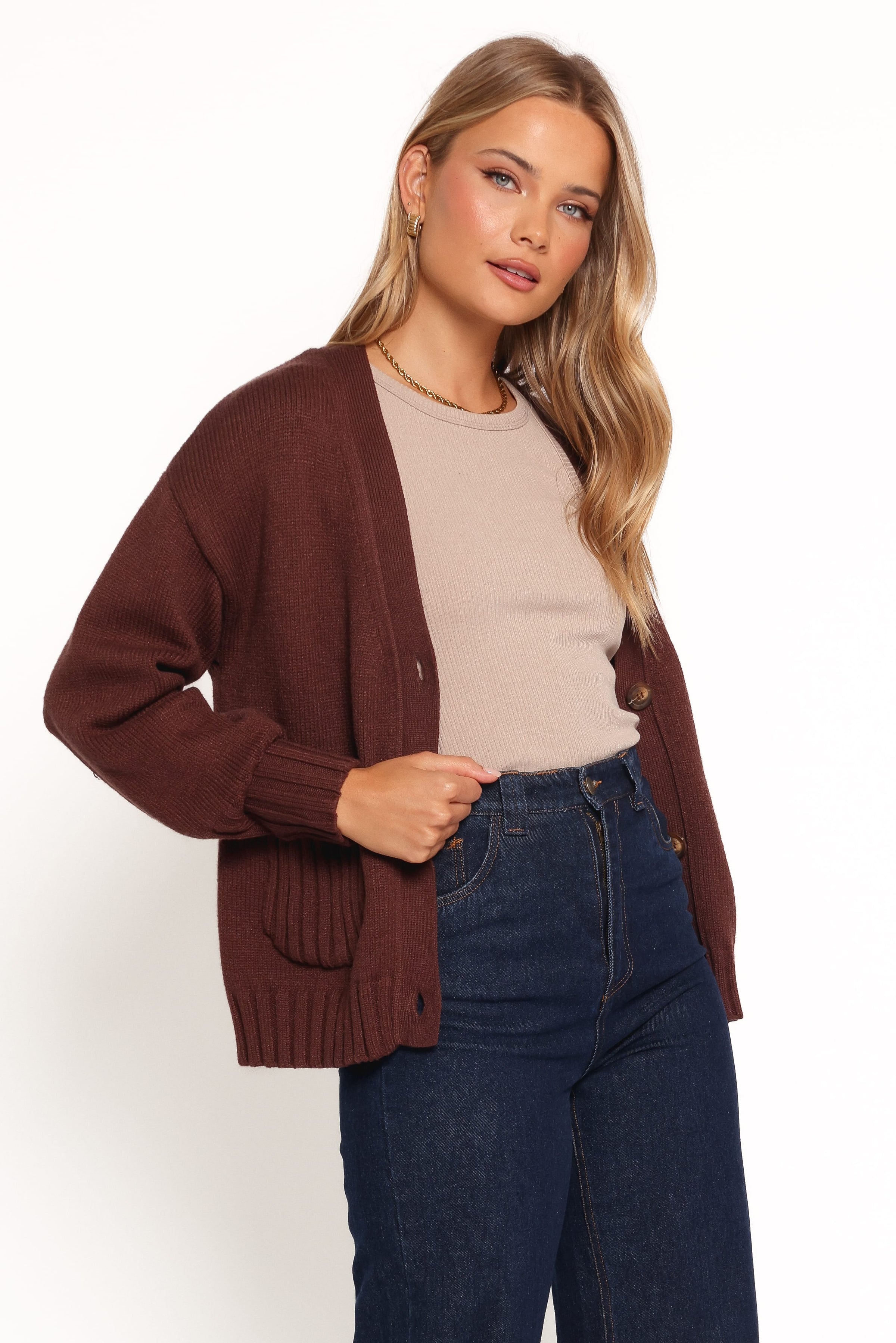 Petal and Pup USA KNITWEAR Eden Button Front Cardigan - Brown