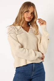 Petal and Pup USA KNITWEAR Emerie Crochet Detail Collar Knit Sweater - Ivory