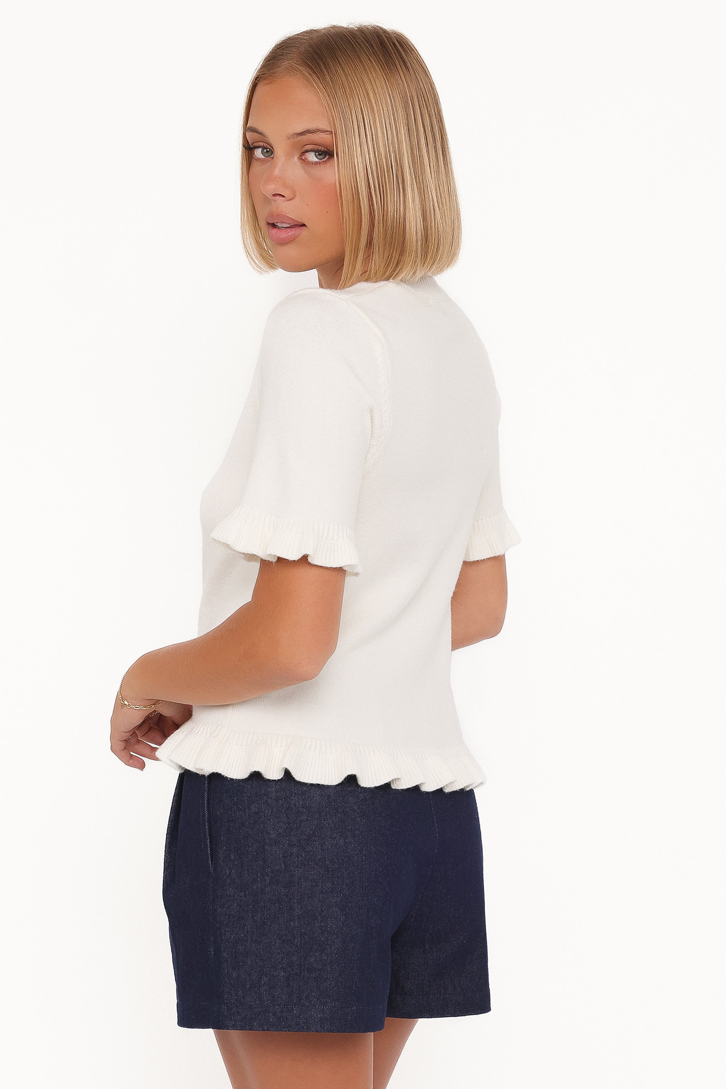 Petal and Pup USA KNITWEAR Emilie Short Sleeve Ruffle Crew Sweater - Cream