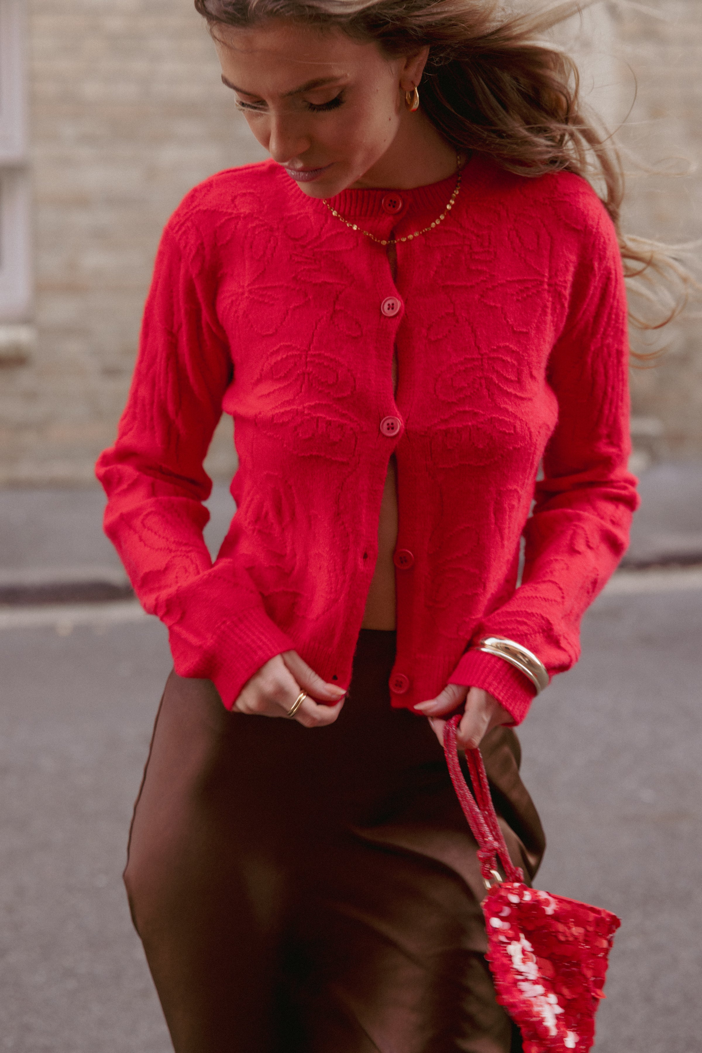 Petal and Pup USA KNITWEAR Fauna Tonal Floral Cardigan - Red