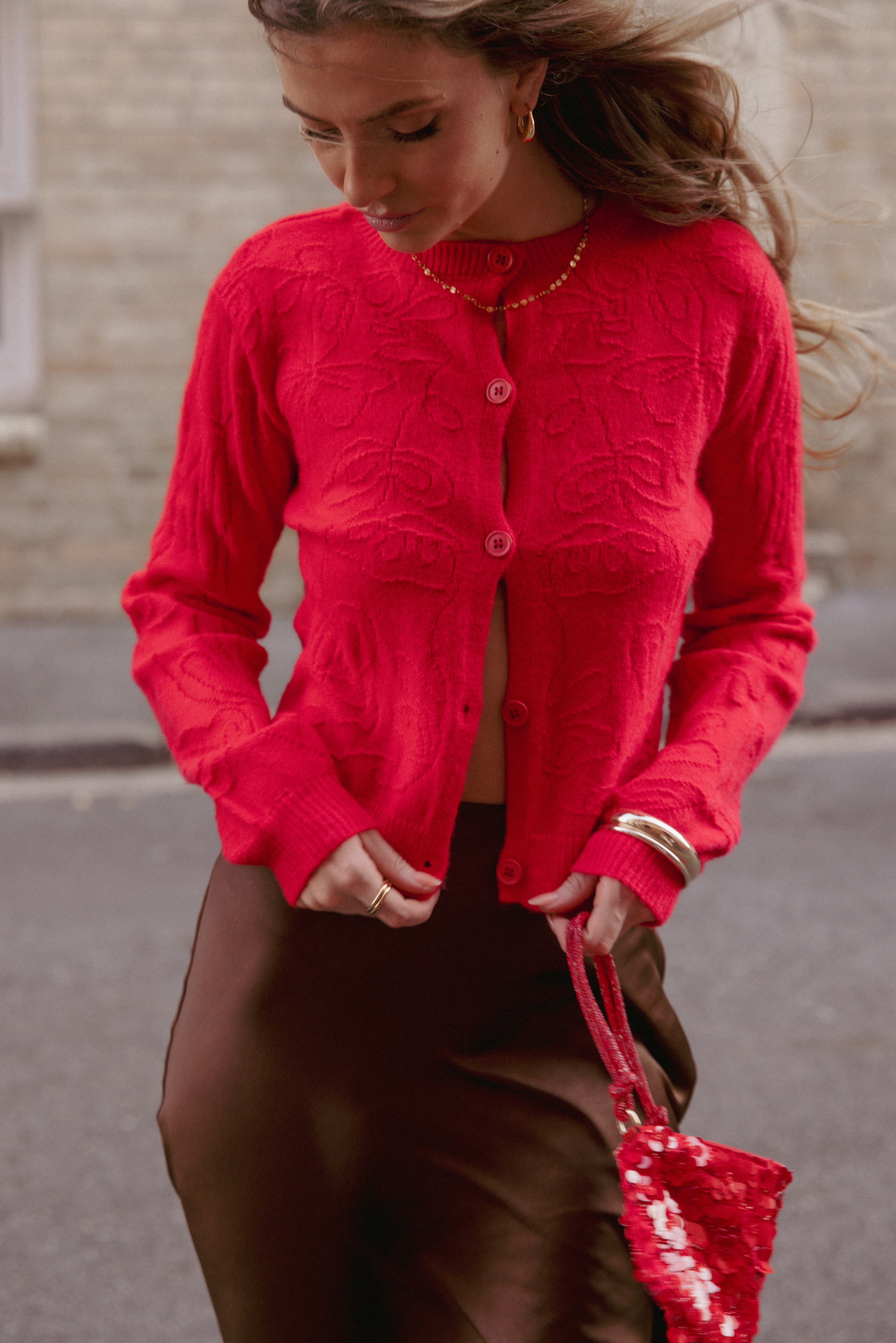 Petal and Pup USA KNITWEAR Fauna Tonal Floral Cardigan - Red