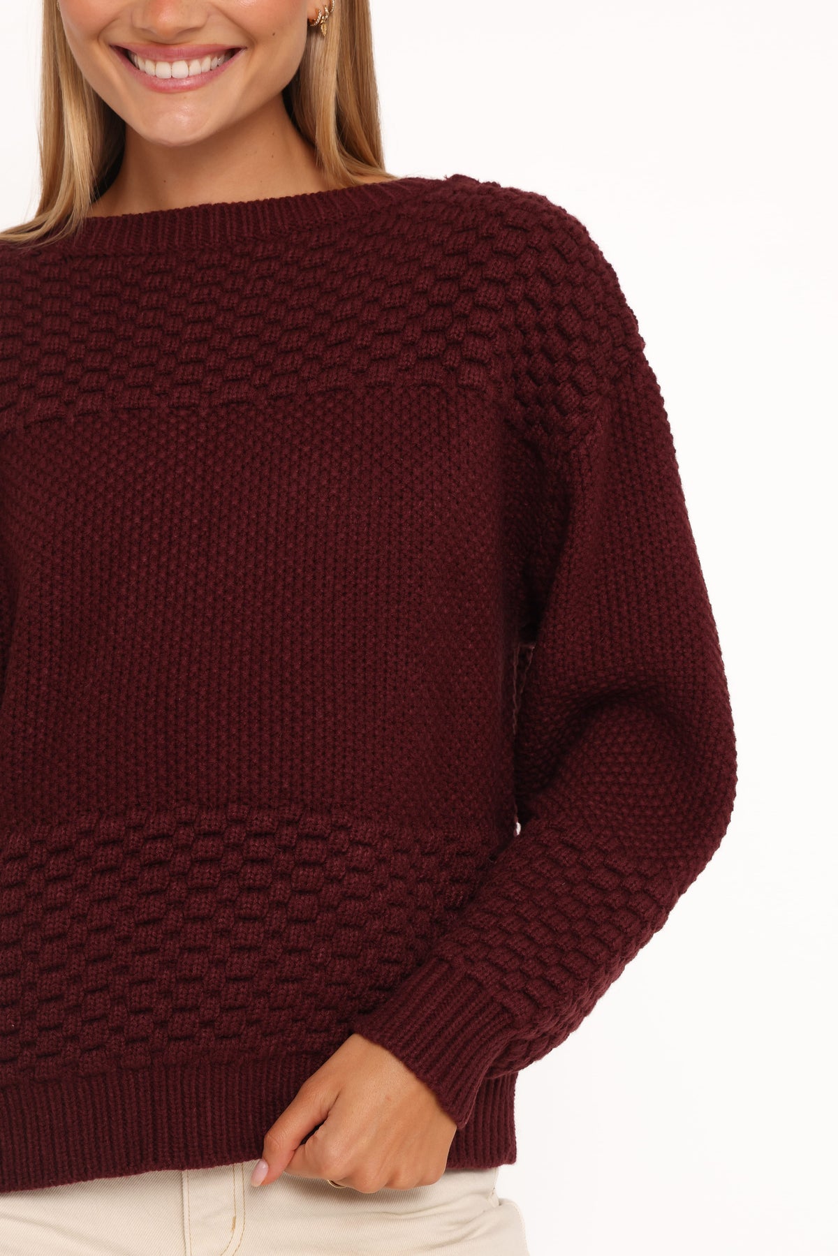 Petal and Pup USA KNITWEAR Fiora Waffle Stitch Sweater - Burgundy