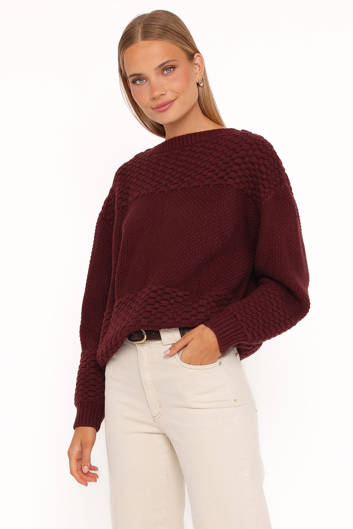 Petal and Pup USA KNITWEAR Fiora Waffle Stitch Sweater - Burgundy