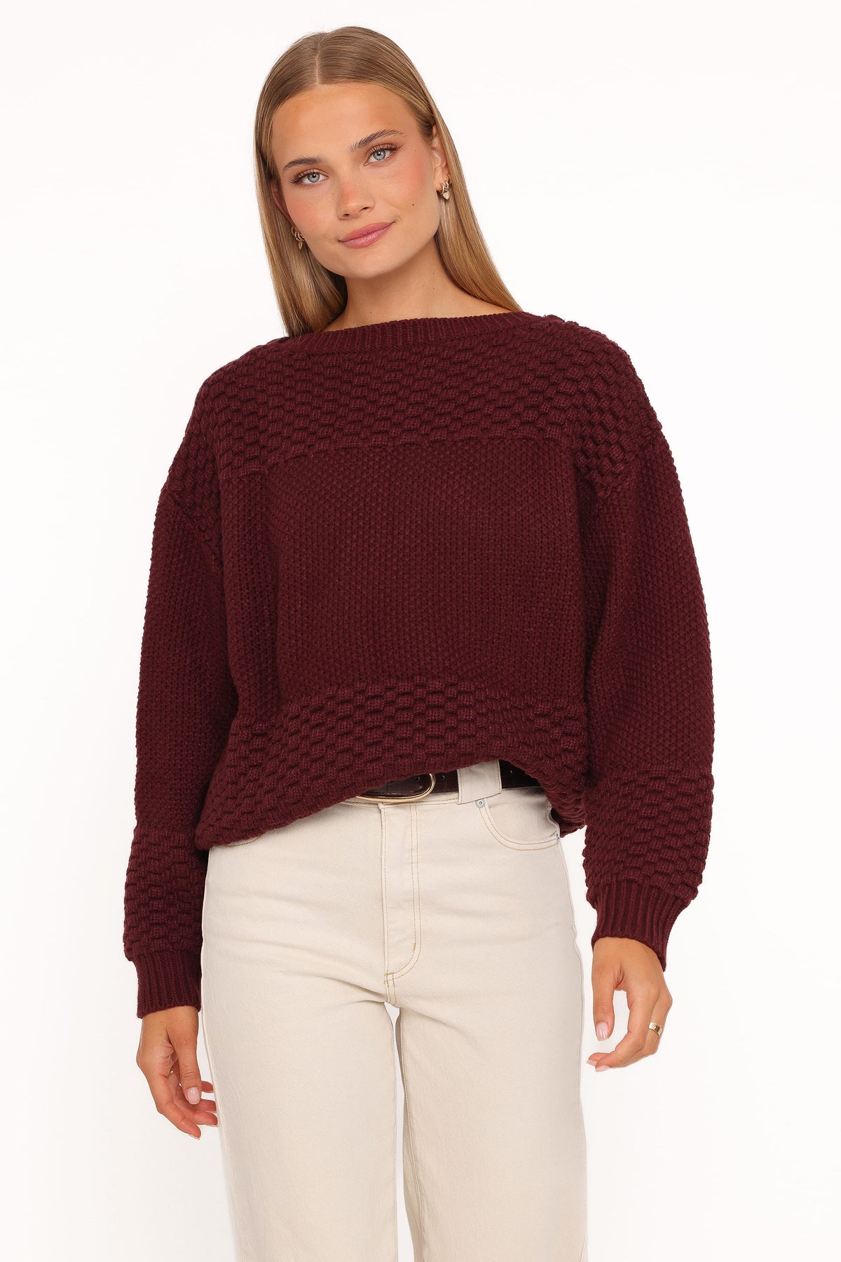 Petal and Pup USA KNITWEAR Fiora Waffle Stitch Sweater - Burgundy