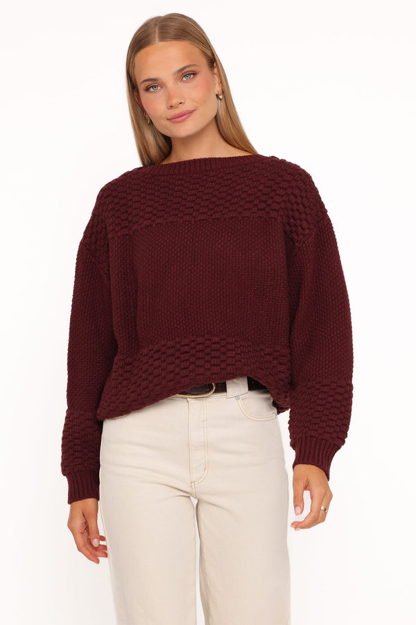 Petal and Pup USA KNITWEAR Fiora Waffle Stitch Sweater - Burgundy