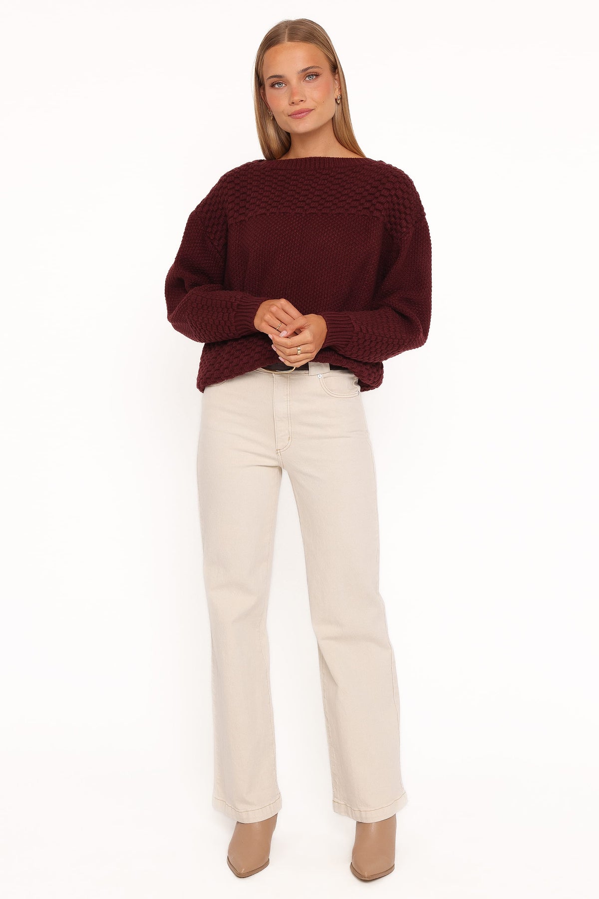 Petal and Pup USA KNITWEAR Fiora Waffle Stitch Sweater - Burgundy