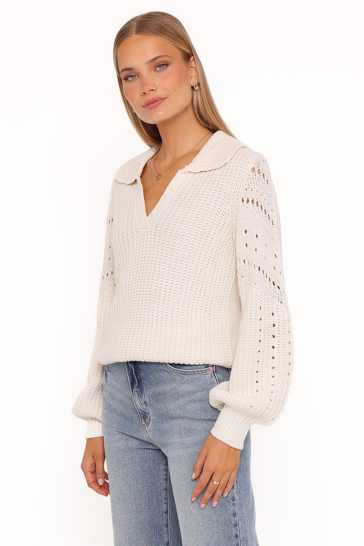 Petal and Pup USA KNITWEAR Fitzgerald Pointelle Polo Sweater - Cream