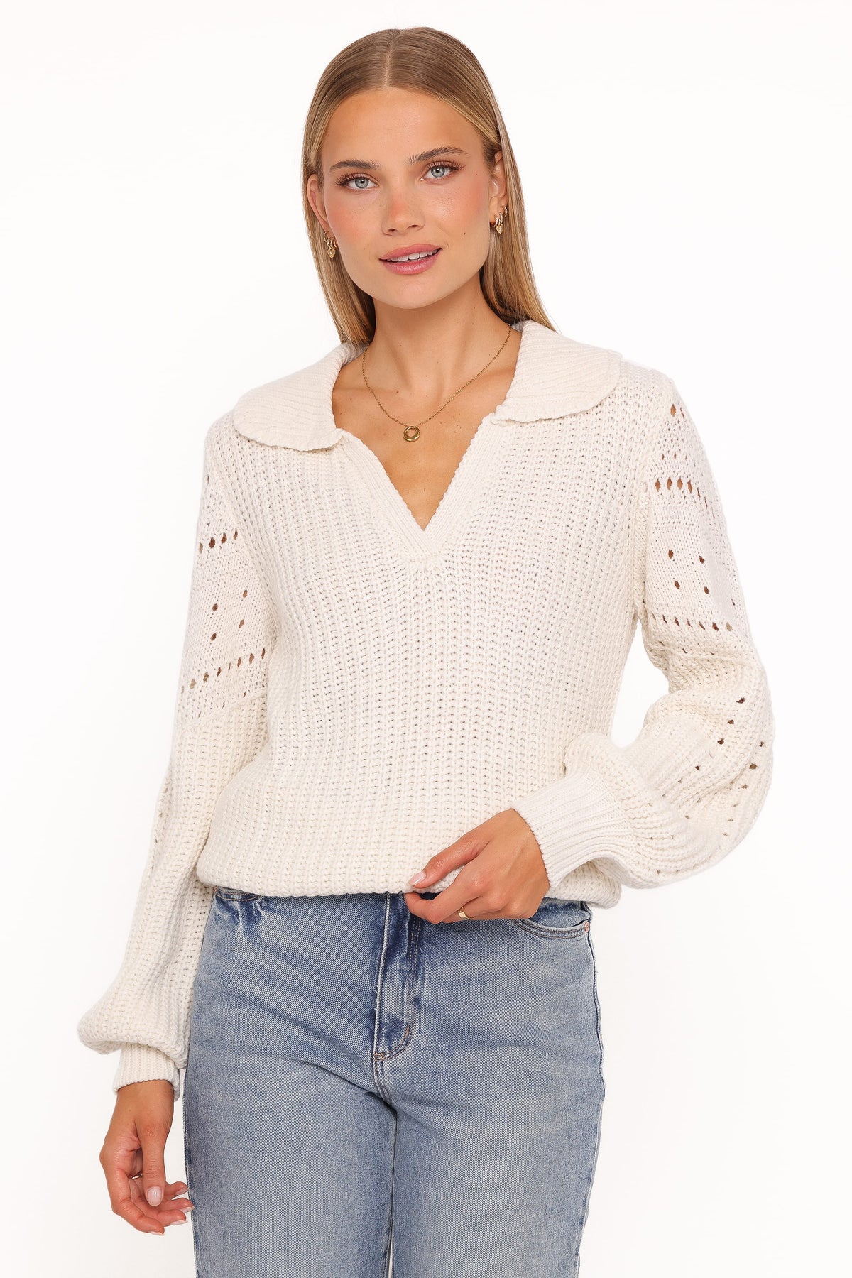 Petal and Pup USA KNITWEAR Fitzgerald Pointelle Polo Sweater - Cream
