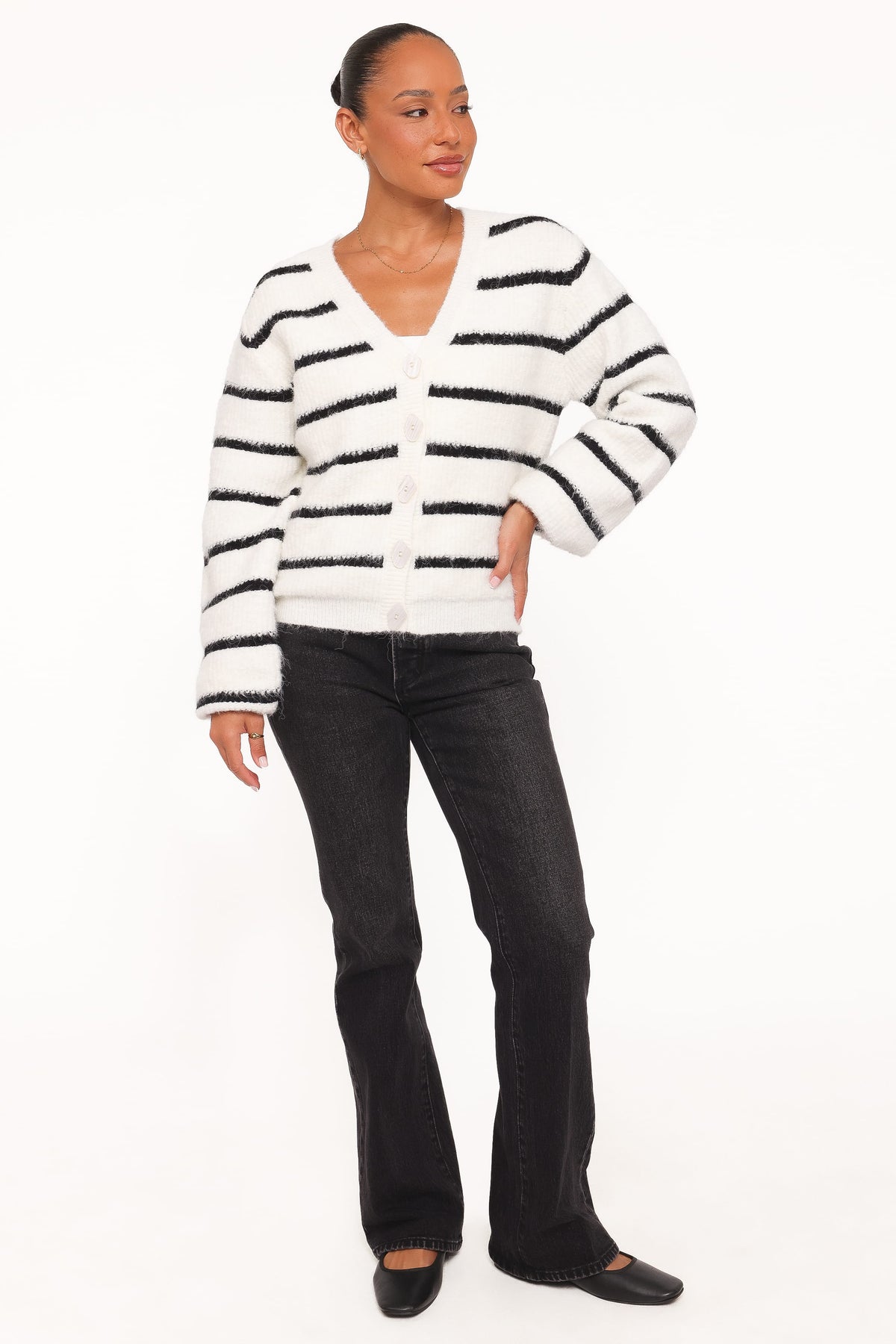 Petal and Pup USA KNITWEAR Frances Button Front Cardigan - Ivory Stripe