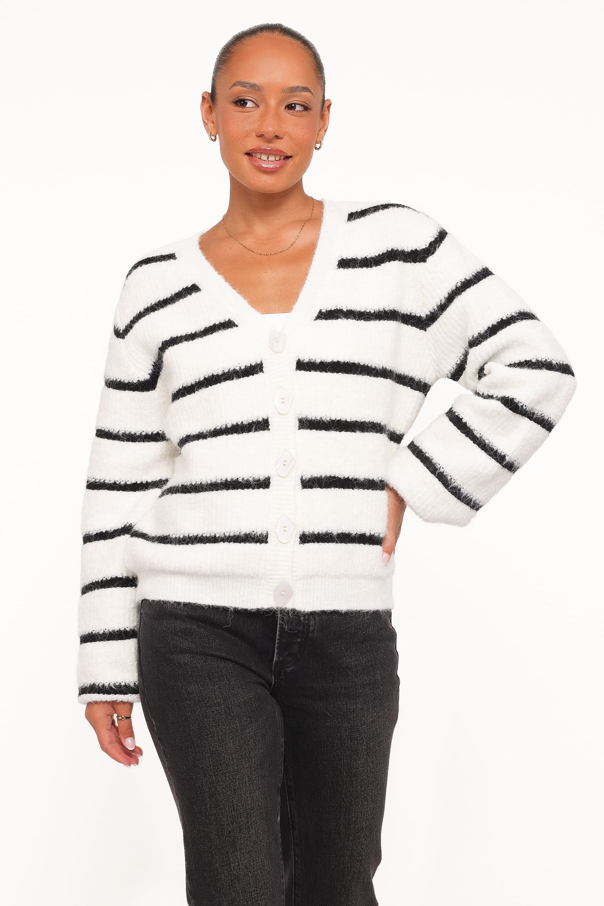 Petal and Pup USA KNITWEAR Frances Button Front Cardigan - Ivory Stripe
