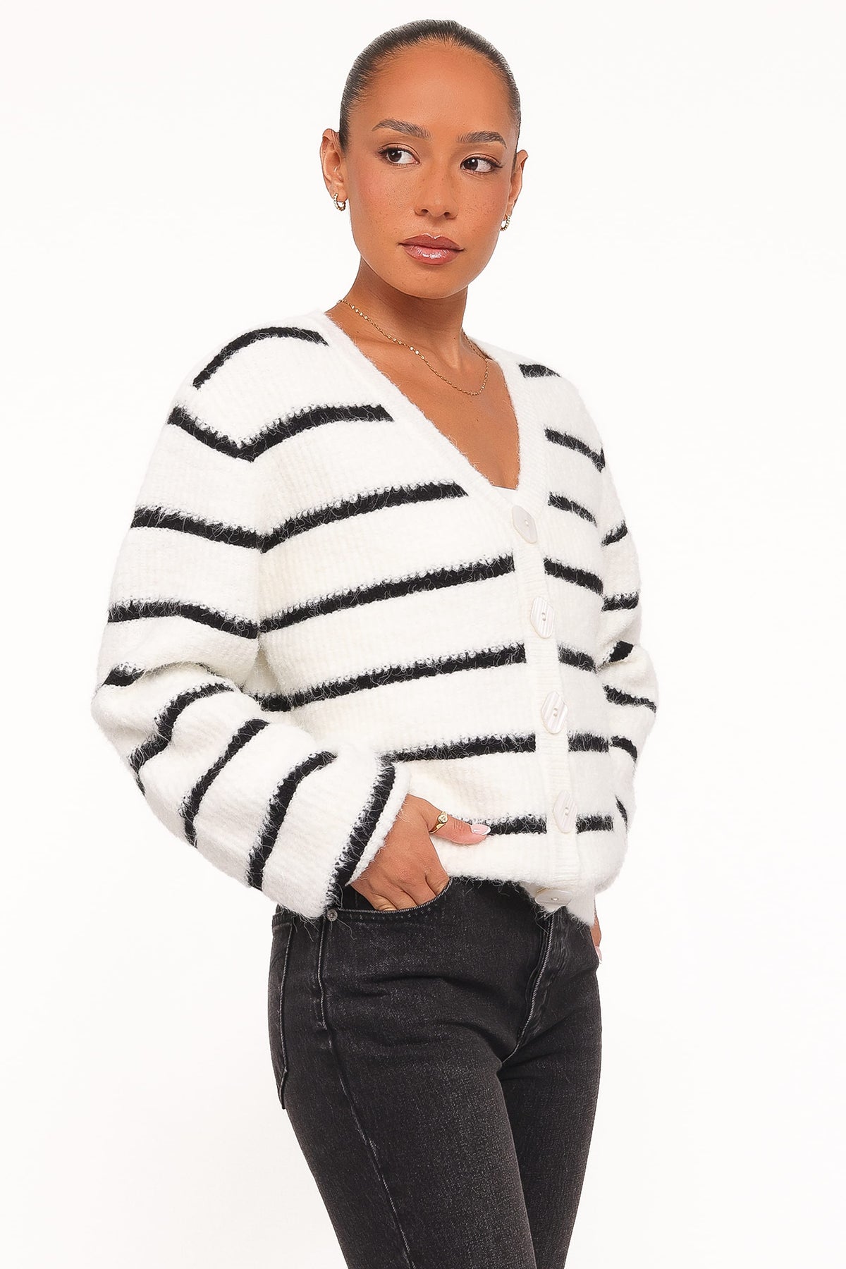 Petal and Pup USA KNITWEAR Frances Button Front Cardigan - Ivory Stripe