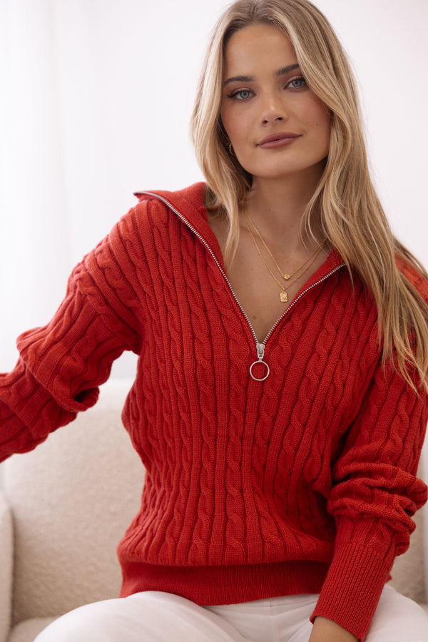 Petal and Pup USA KNITWEAR Frida Quarter Zip Knit Sweater - Red