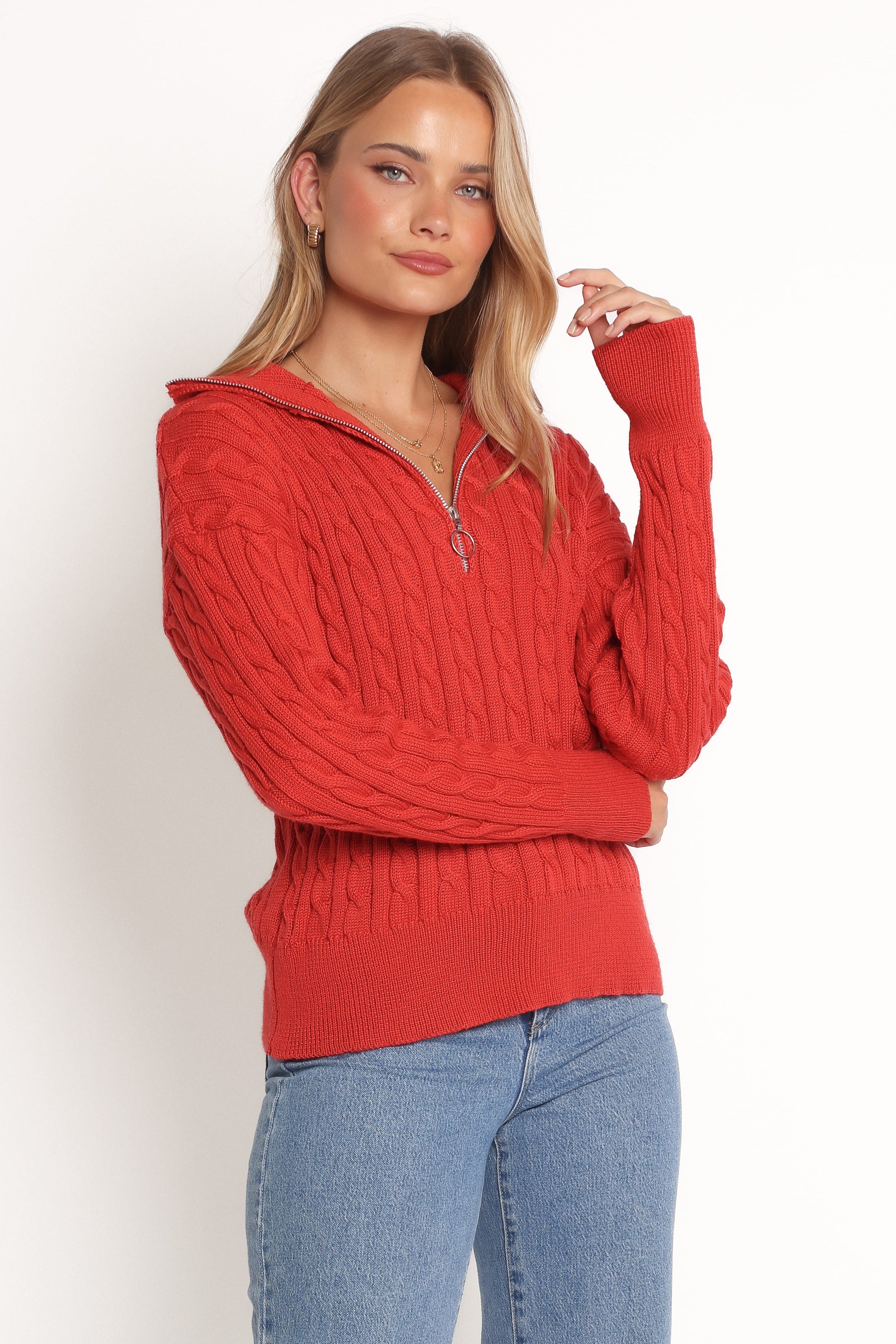 Petal and Pup USA KNITWEAR Frida Quarter Zip Knit Sweater - Red