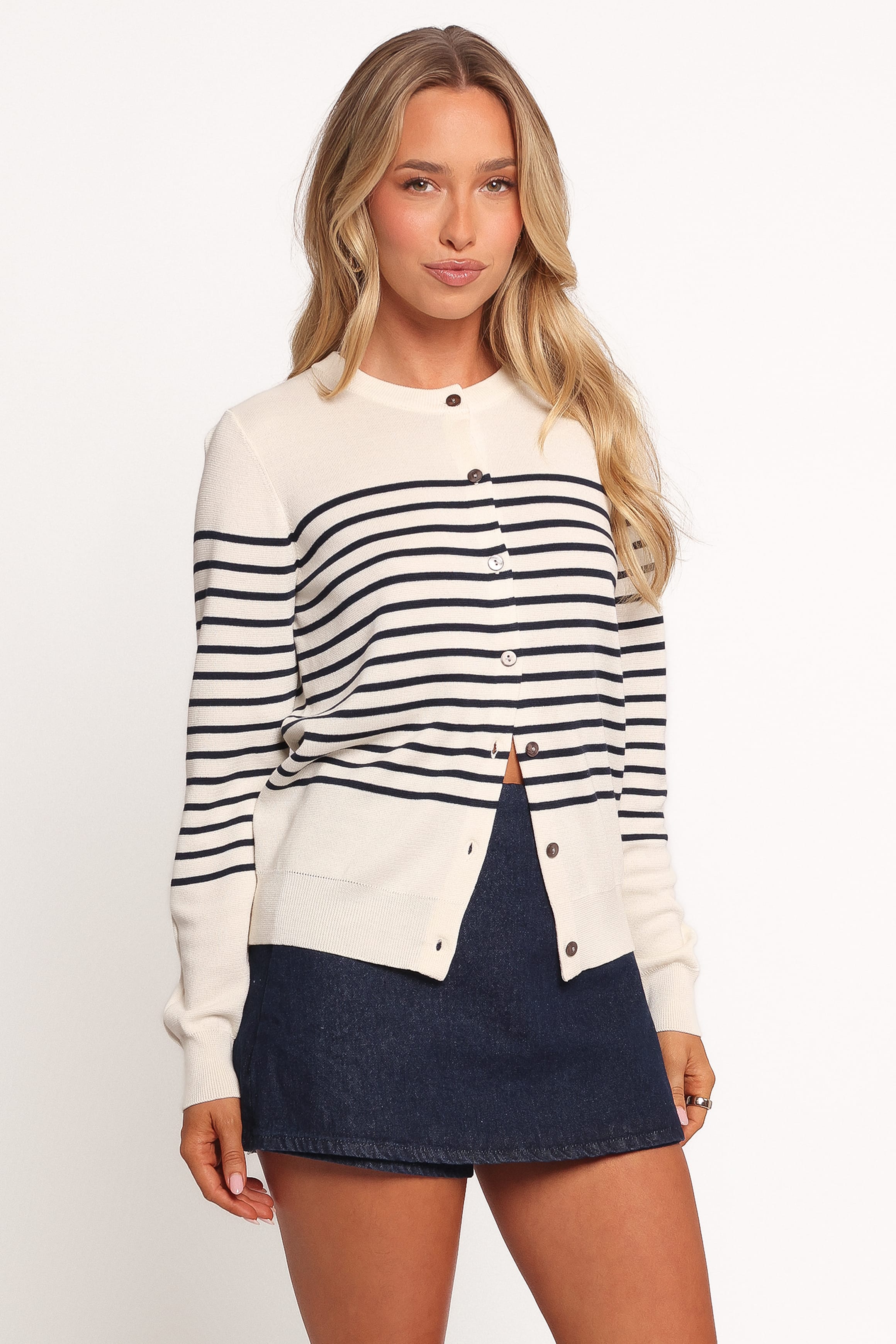 Petal and Pup USA KNITWEAR Gavi Button Front Striped Cardigan - Off White/Navy (Hold for Rack)