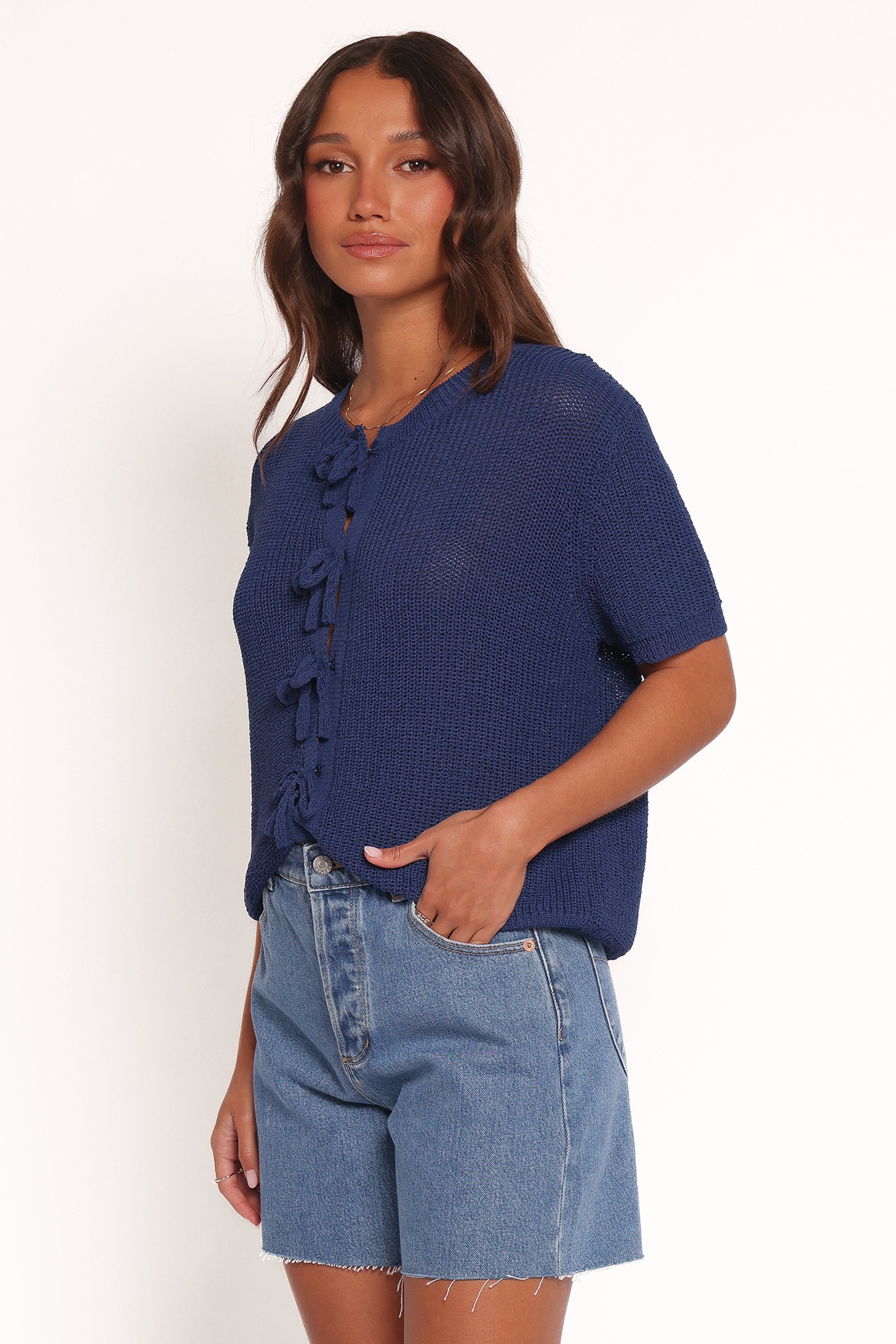 Petal and Pup USA KNITWEAR Gemma Short Sleeve Bow Cardigan - Navy