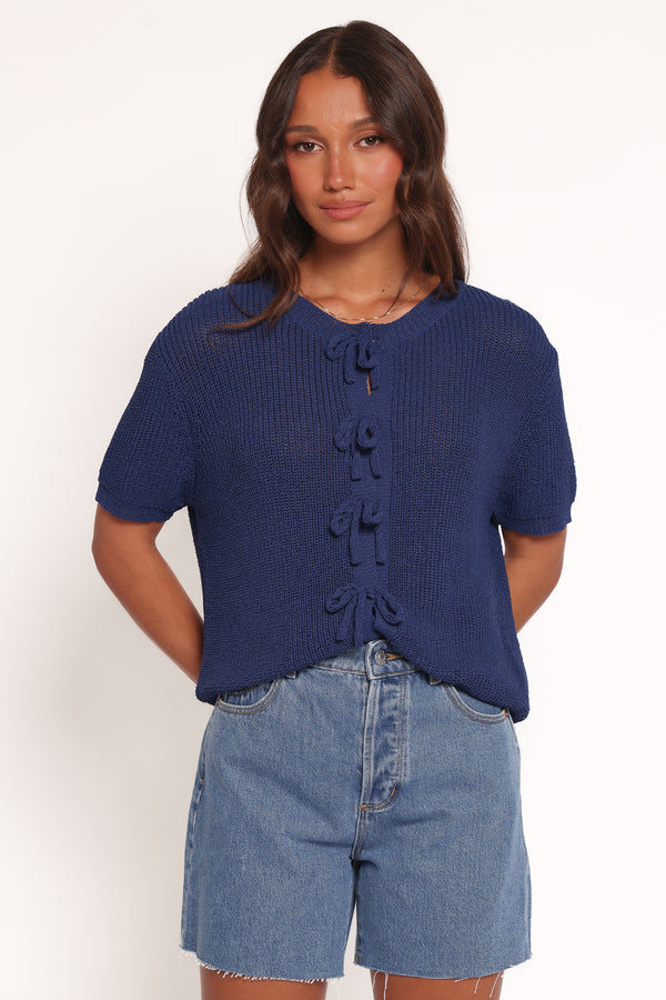 Petal and Pup USA KNITWEAR Gemma Short Sleeve Bow Cardigan - Navy