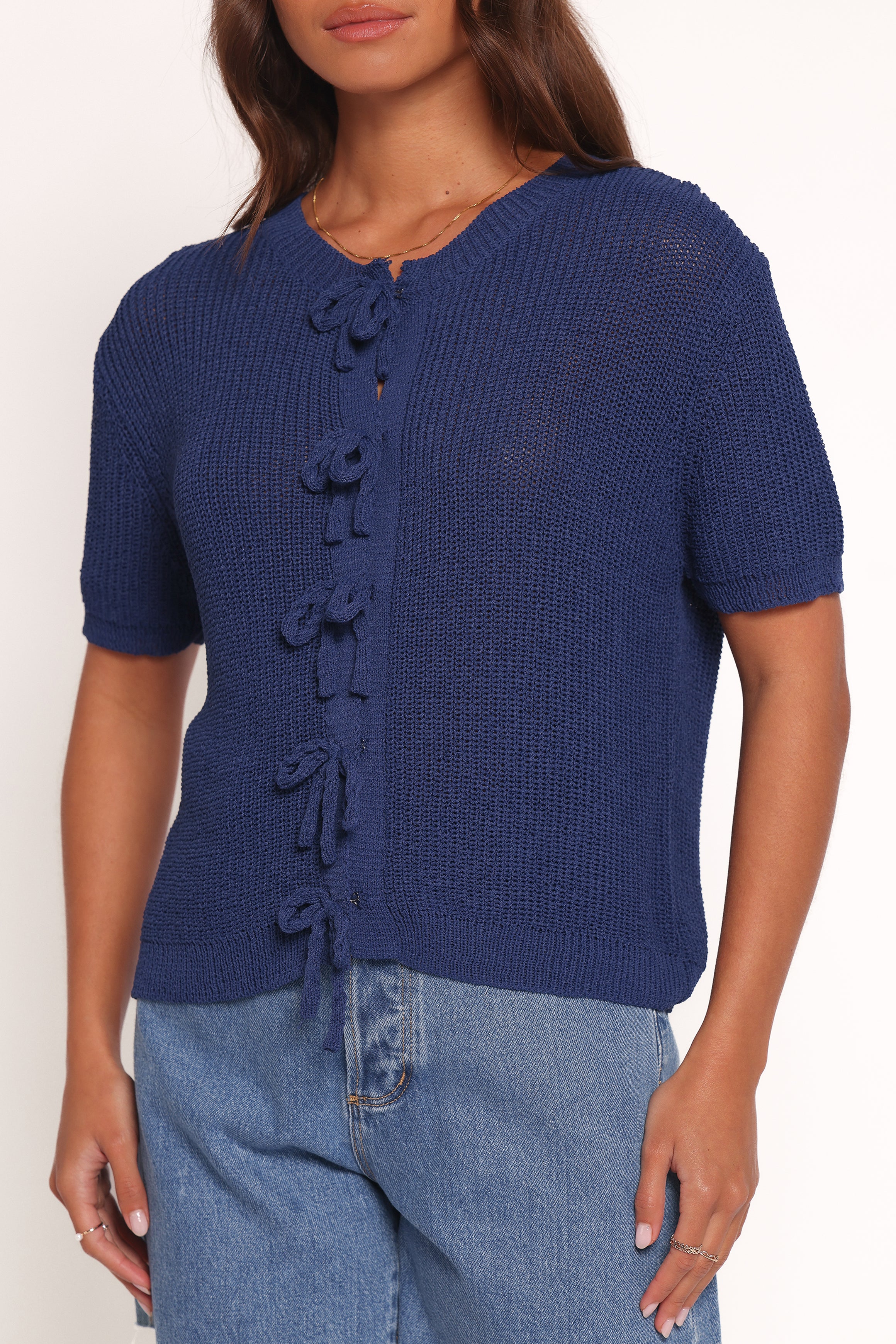 Petal and Pup USA KNITWEAR Gemma Short Sleeve Bow Cardigan - Navy