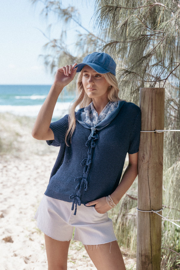 Petal and Pup USA KNITWEAR Gemma Short Sleeve Bow Cardigan - Navy