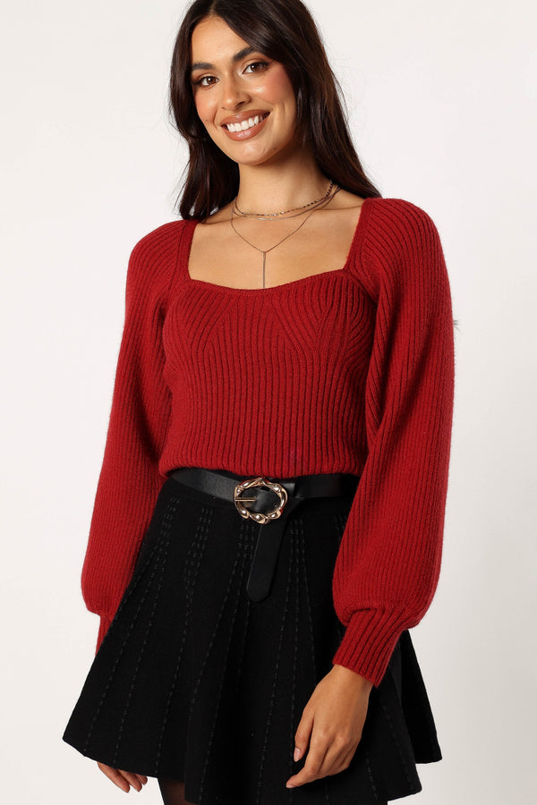 Petal and Pup USA KNITWEAR Gia Sweetheart Neck Bell Sleeve Knit Sweater - Wine