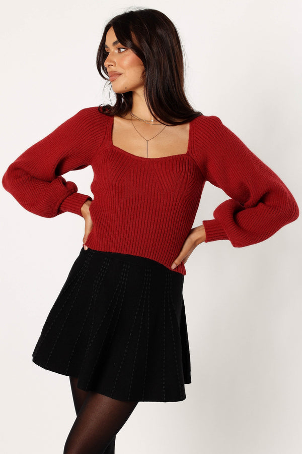 Petal and Pup USA KNITWEAR Gia Sweetheart Neck Bell Sleeve Knit Sweater - Wine