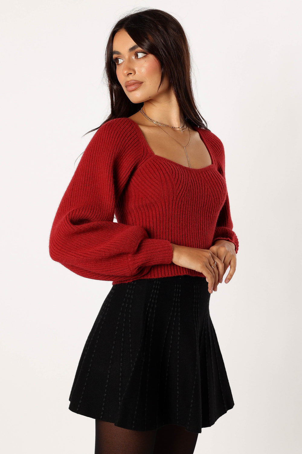 Gia Sweetheart Neck Bell Sleeve Knit Sweater - Wine - Petal & Pup USA