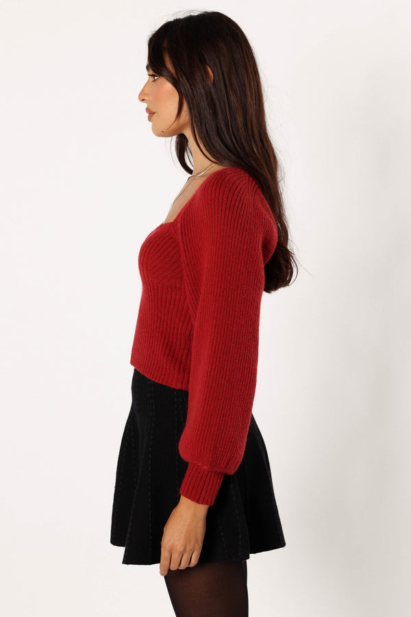 Petal and Pup USA KNITWEAR Gia Sweetheart Neck Bell Sleeve Knit Sweater - Wine