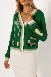 Petal and Pup USA KNITWEAR Golf Embroidered Patch Button Front Cardigan - Field Green