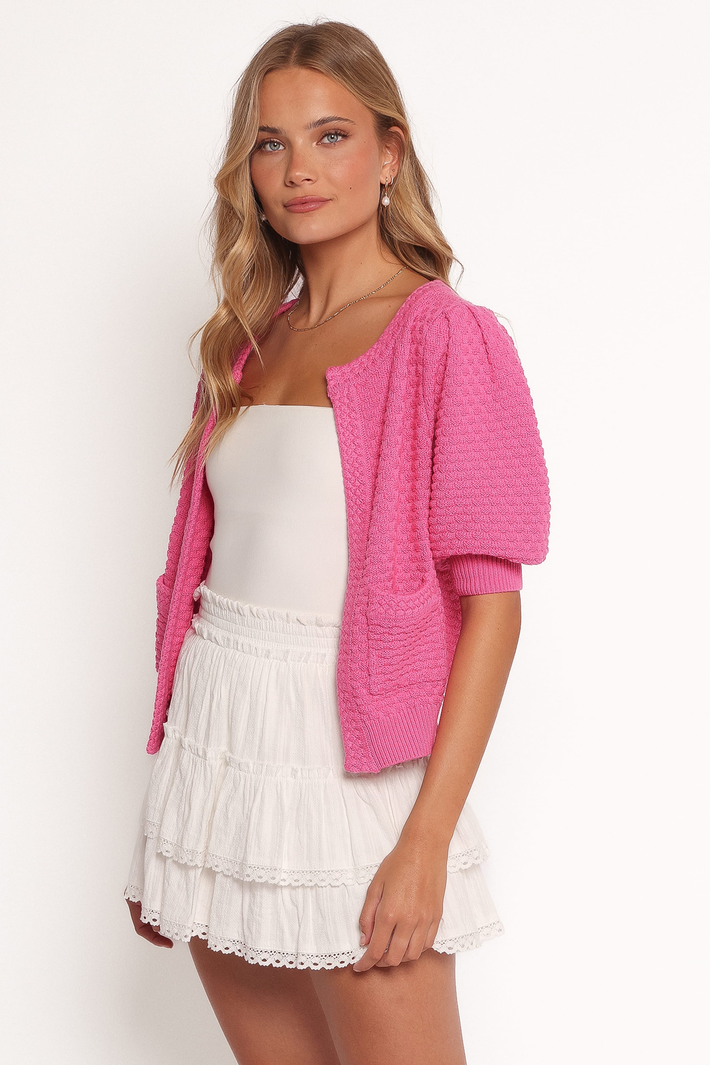 Petal and Pup USA KNITWEAR Greer Quarter Sleeve Cardigan - Hot Pink