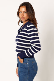 Petal and Pup USA KNITWEAR Guinevere Striped Quarter Zip - Navy White