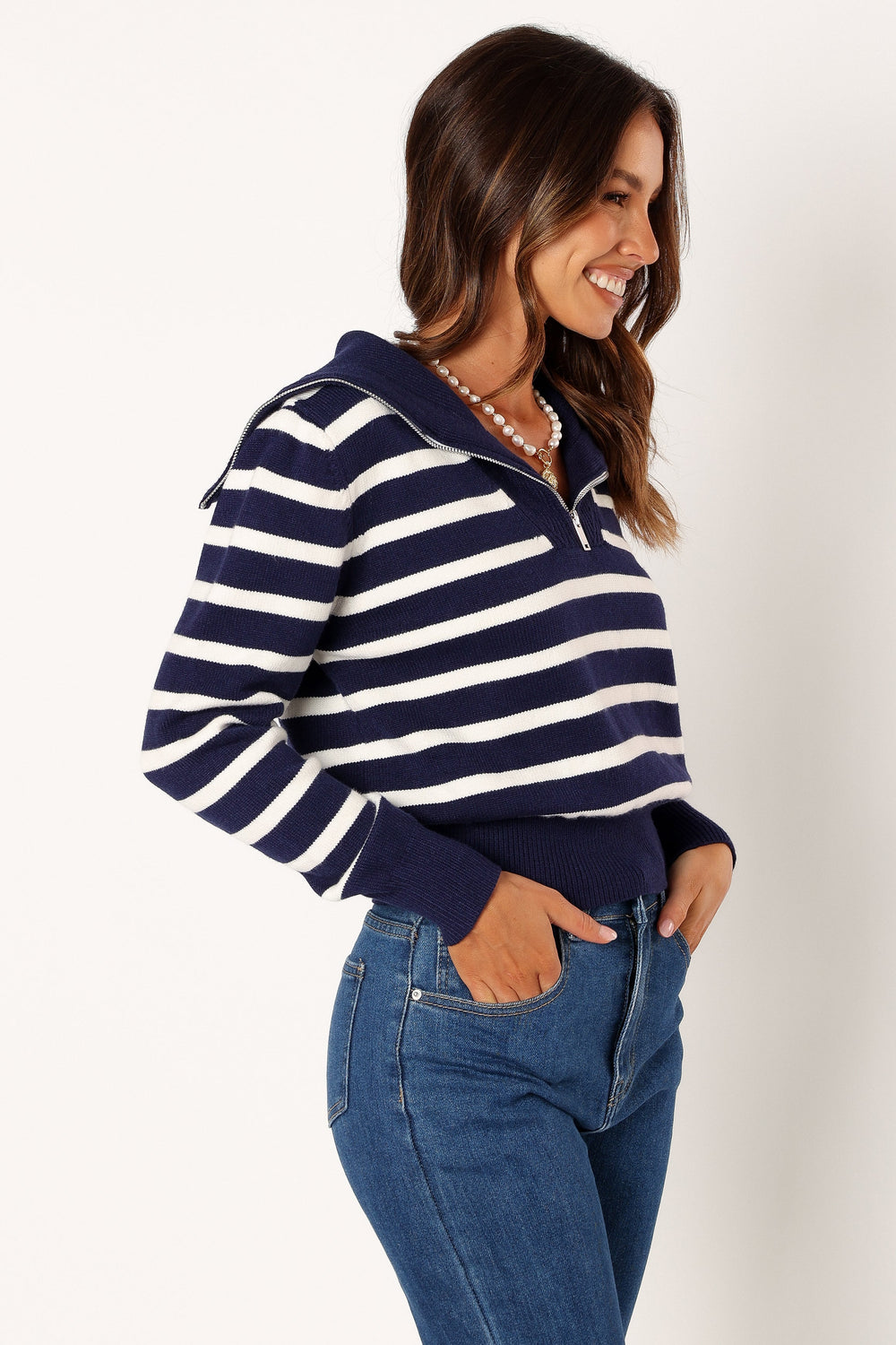 Petal and Pup USA KNITWEAR Guinevere Striped Quarter Zip - Navy White