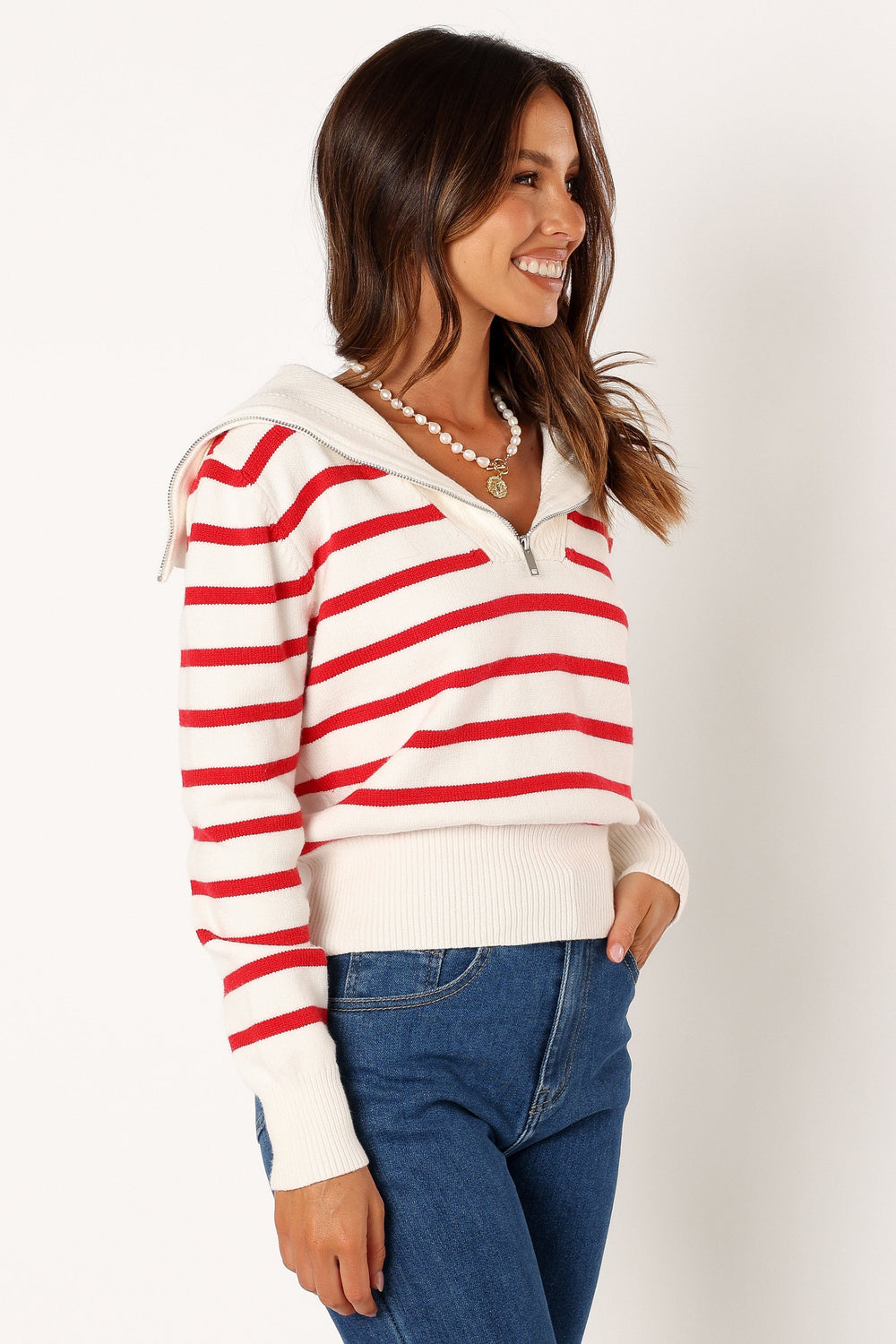 Guinevere Striped Quarter Zip - White Red - Petal & Pup USA