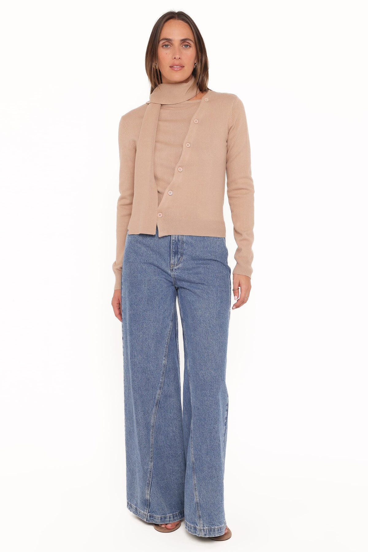 Petal and Pup USA KNITWEAR Gunhild Asymmetrical Scarf Cardigan - Beige