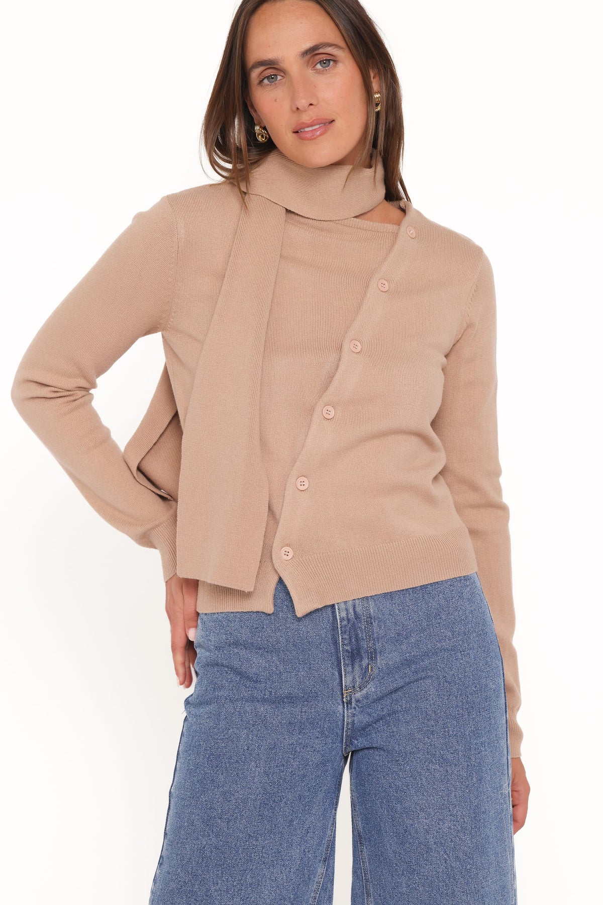 Petal and Pup USA KNITWEAR Gunhild Asymmetrical Scarf Cardigan - Beige