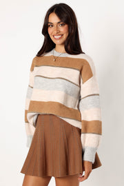 Petal and Pup USA KNITWEAR Hadleigh Shimmer Multi Stripe Knit Sweater - Cream/Camel