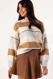 Petal and Pup USA KNITWEAR Hadleigh Shimmer Multi Stripe Knit Sweater - Cream/Camel