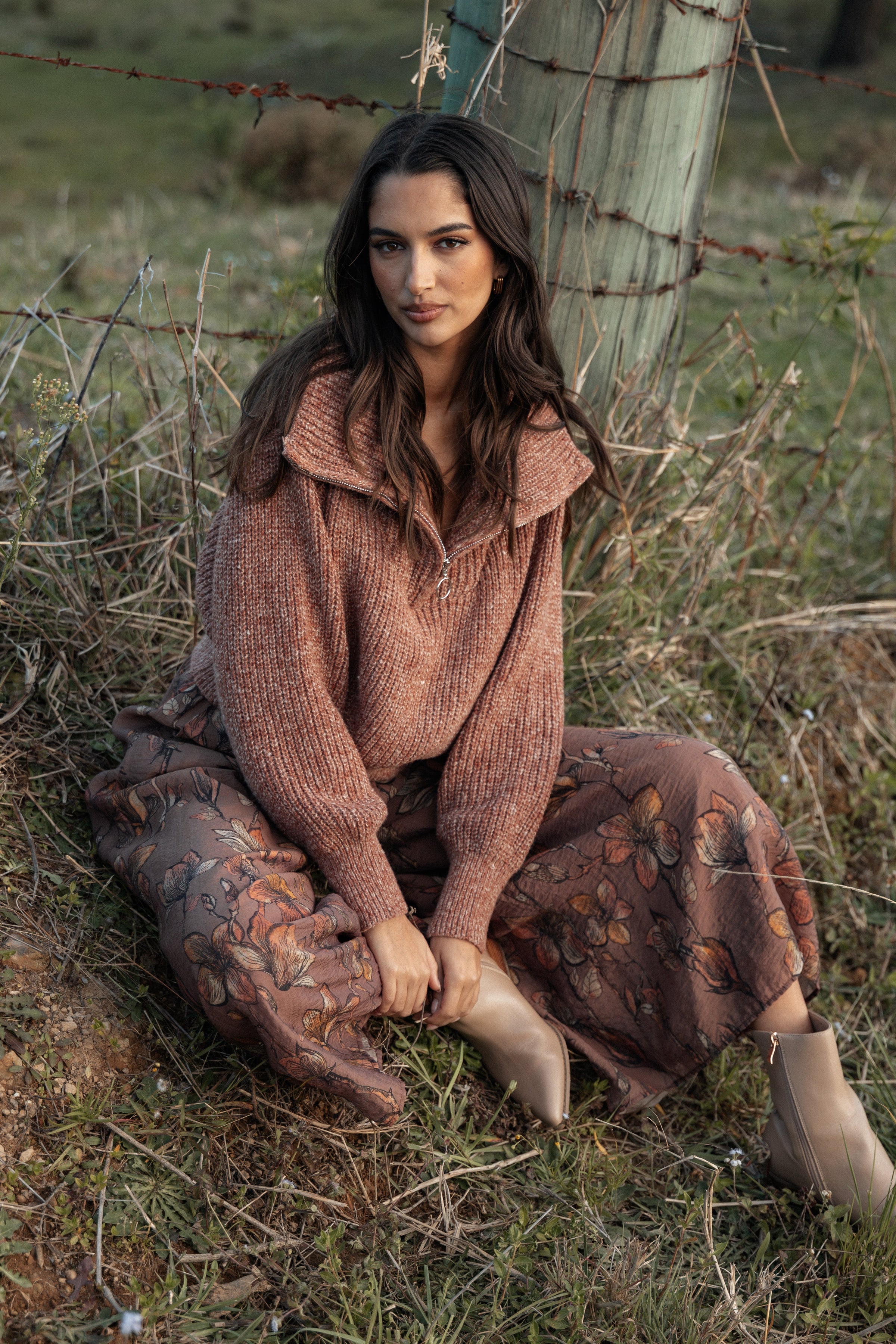 Petal and Pup USA KNITWEAR Hallow Collar Quarter Zip Sweater - Brown (Hold for Rack)