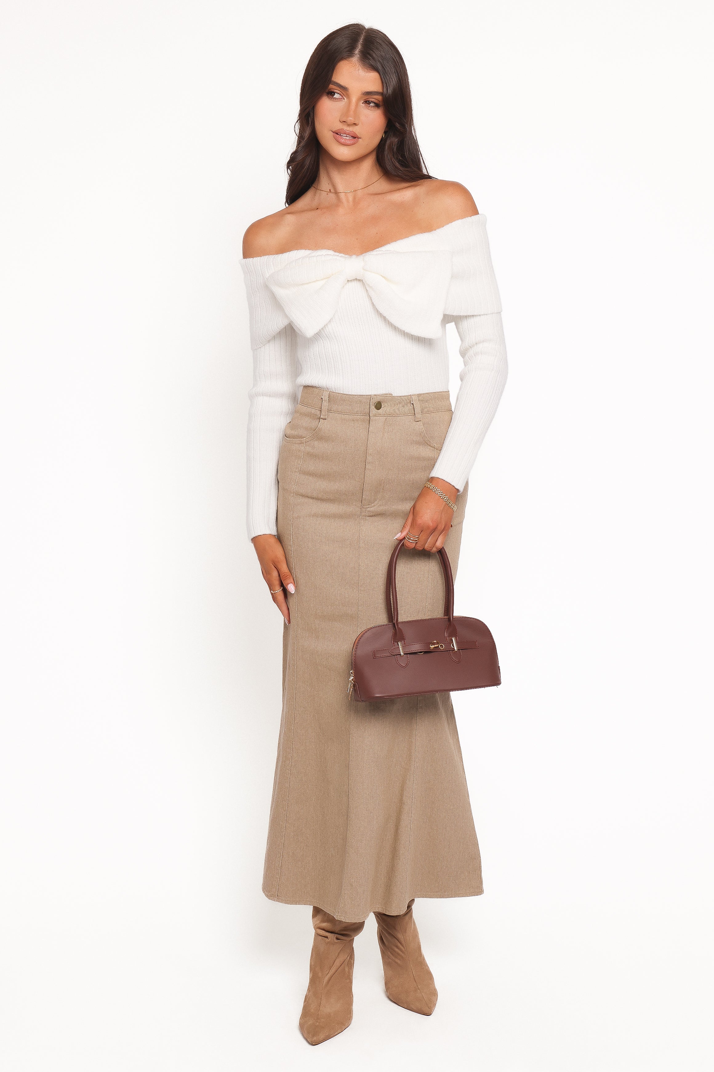 Petal and Pup USA KNITWEAR Helene Bow Off Shoulder Knit Sweater - Ivory