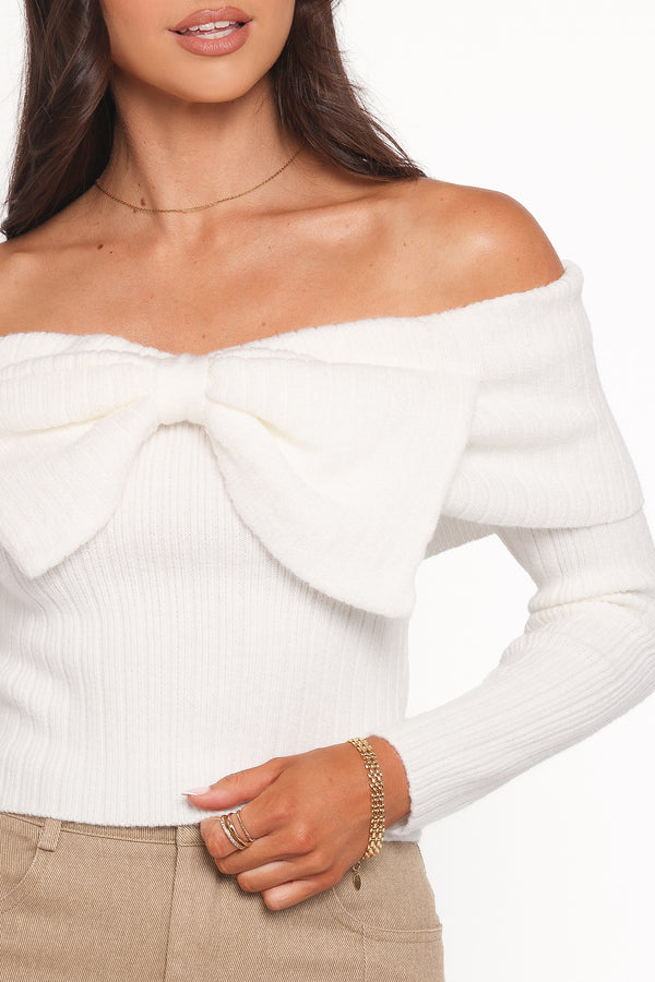 Petal and Pup USA KNITWEAR Helene Bow Off Shoulder Knit Sweater - Ivory