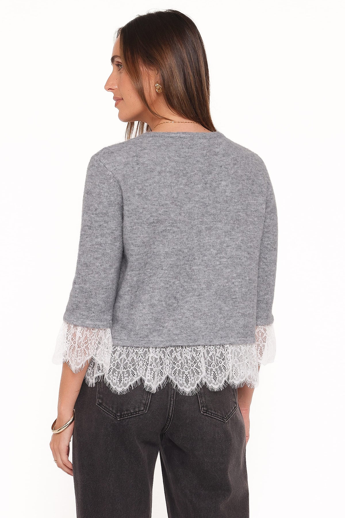 Petal and Pup USA KNITWEAR Helga Lace Trim Cardigan - Grey